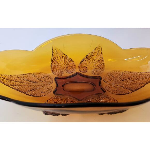 Vintage Amber Pressed Glass Oval Serving Dish Retro Textured Leaf Pattern Bowl - Picture 4 of 7